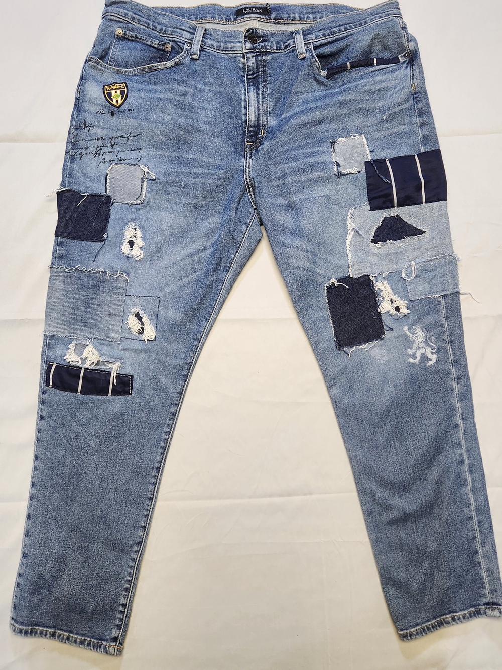 Lauren Ralph Lauren Rare Sz 16 Patchwork Distressed Boyfriend Jeans Blue Denim